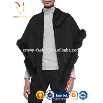 Moda Mulheres Cashmere Scarf Shawl Com Guarnição De Pele De Coelho